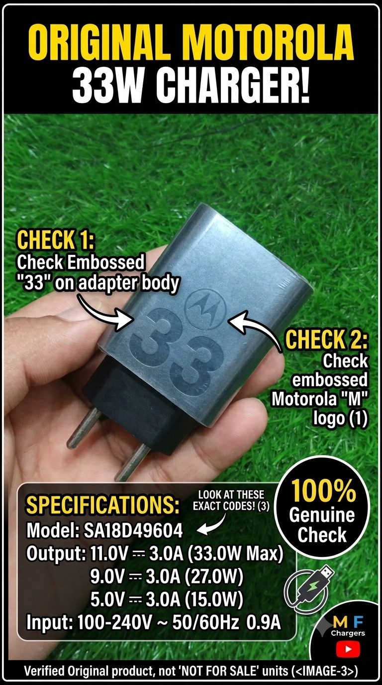 Motorola original 33W fast charger vertical 9:16 product thumbnail with genuine specs check by M F Chargers