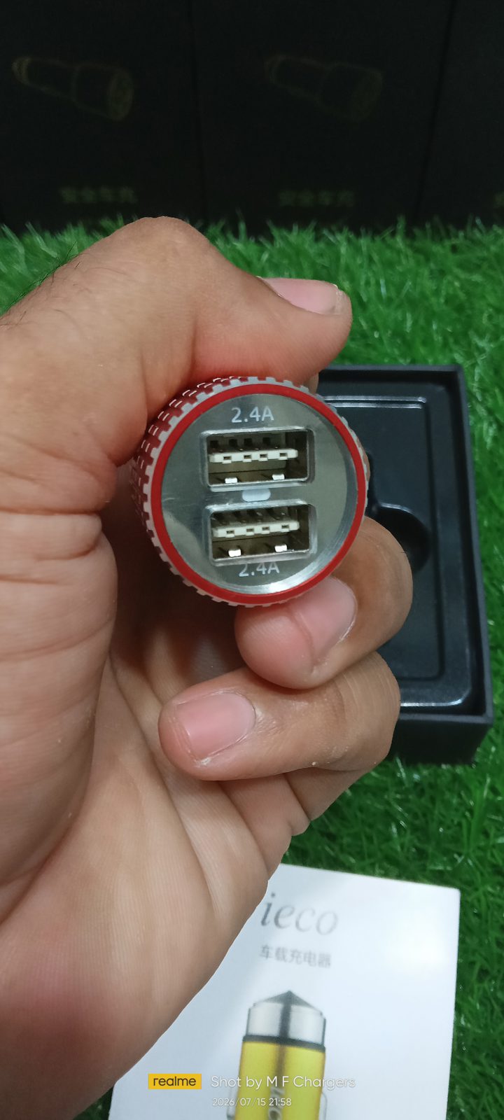 ieco metallic car charger dual USB fast charging ports close view - M F Chargers
