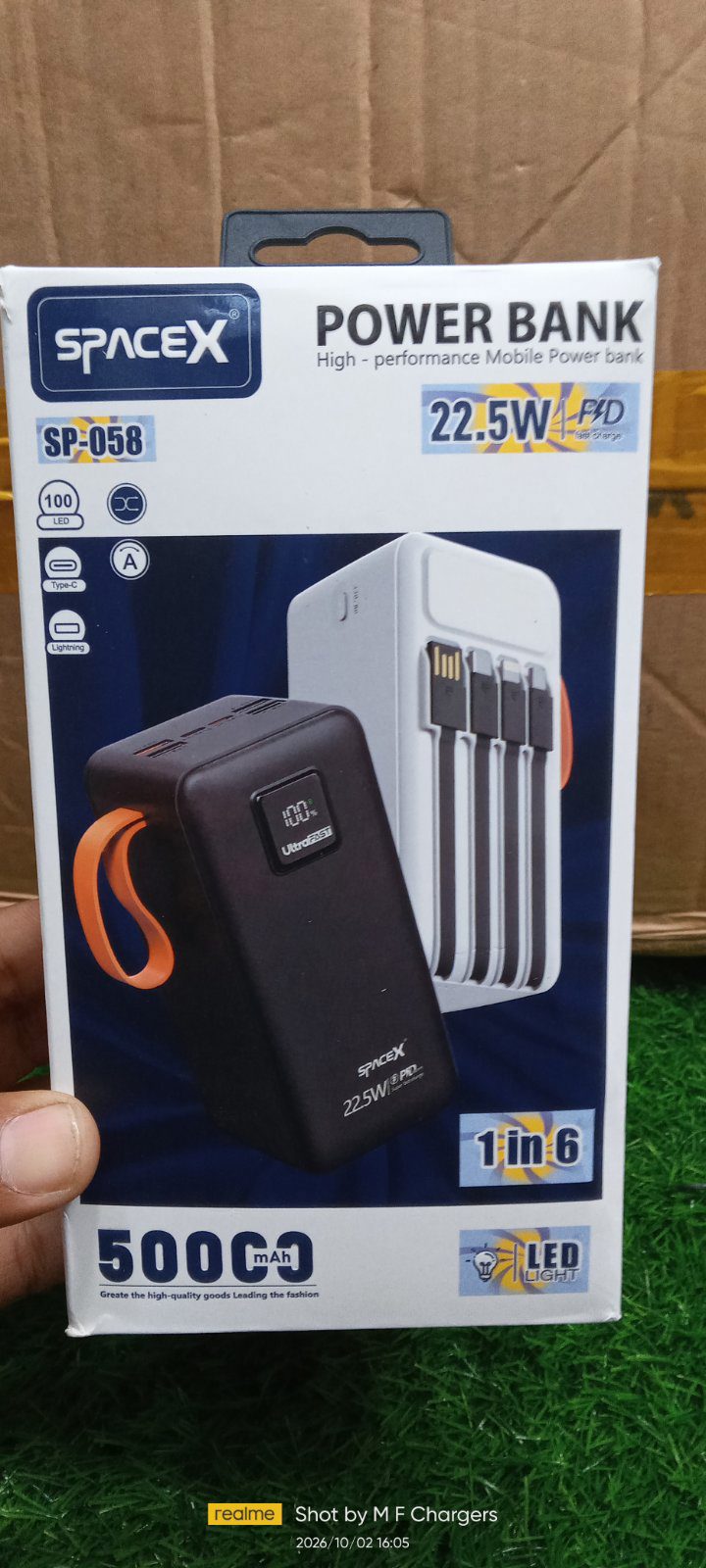 SpaceX 60000mAh Fast Charging Power Bank box packaging - M F Chargers