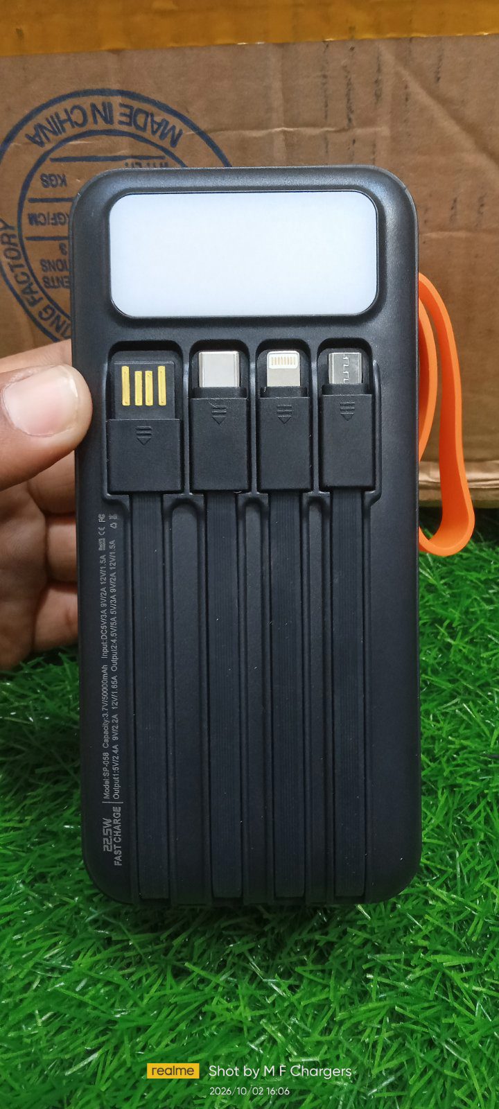 SpaceX 60000mAh power bank 4 built-in cables close-up view - M F Chargers