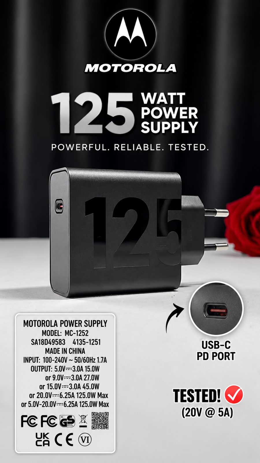 Original Motorola 125W Fast Charger MC-1252 available at M F Chargers