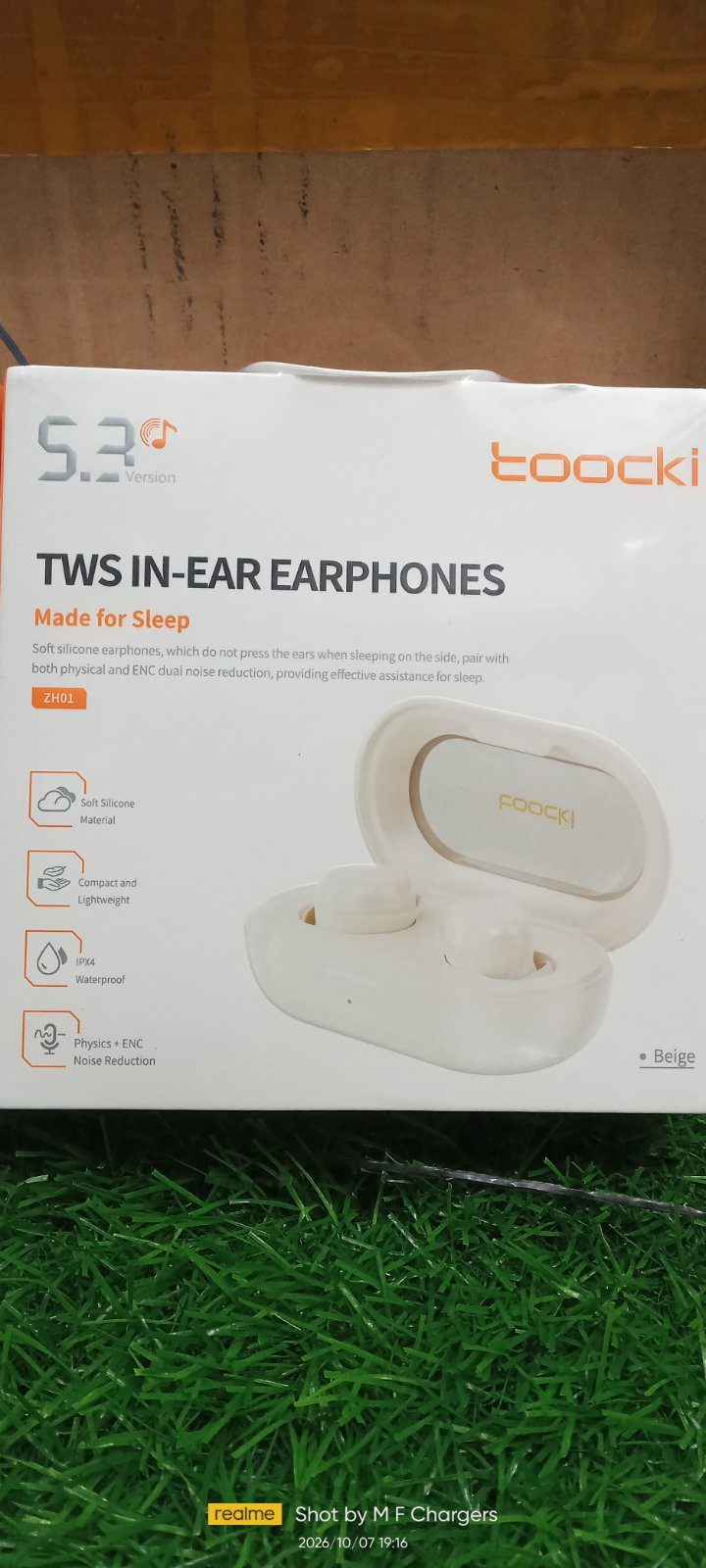 Toocki TWS sleep earphones back side details and barcode M F Chargers