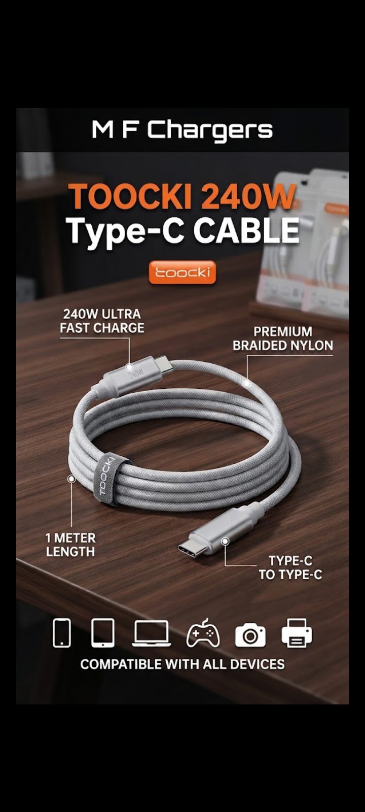 Toocki 240W 1m Type-C Fast Charging Cable Box View - M F Chargers