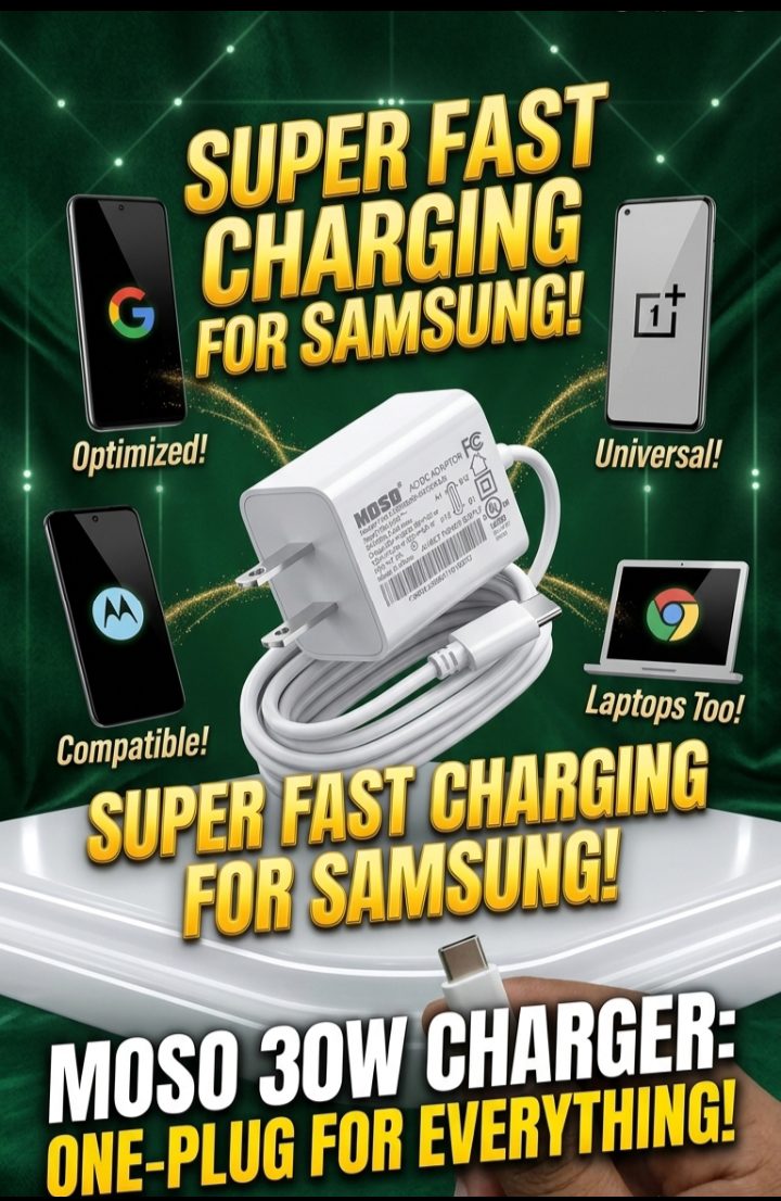 MOSO 30W Charger Banner showing Super Fast Charging for Samsung, Pixel, Motorola, OnePlus, and Laptops - M F Chargers