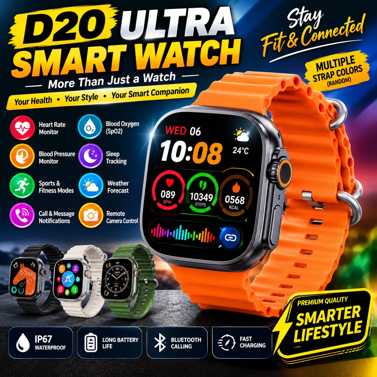 D20 Ultra Smart Watch – Premium HD Display Fitness Tracker