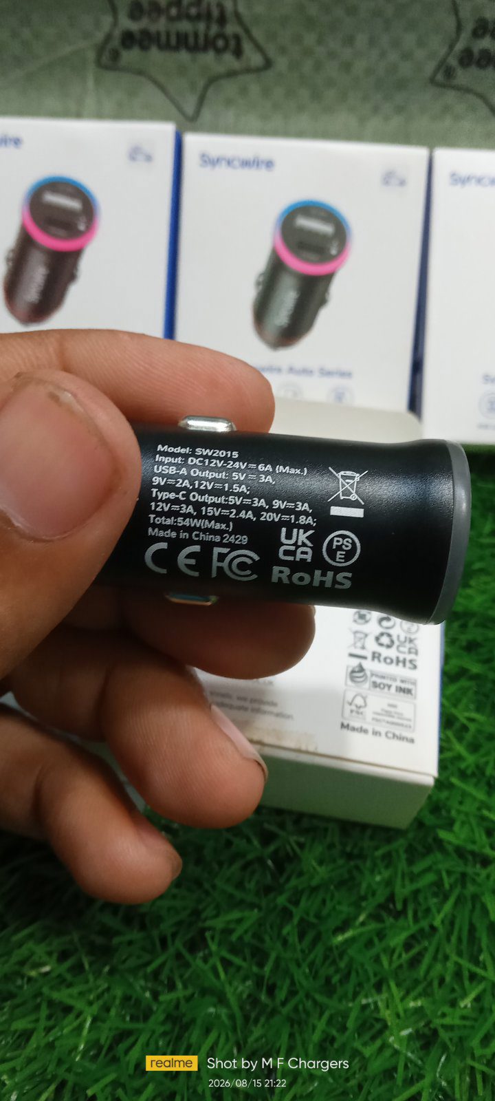 Syncwire car charger back side certification and input output details - M F Chargers