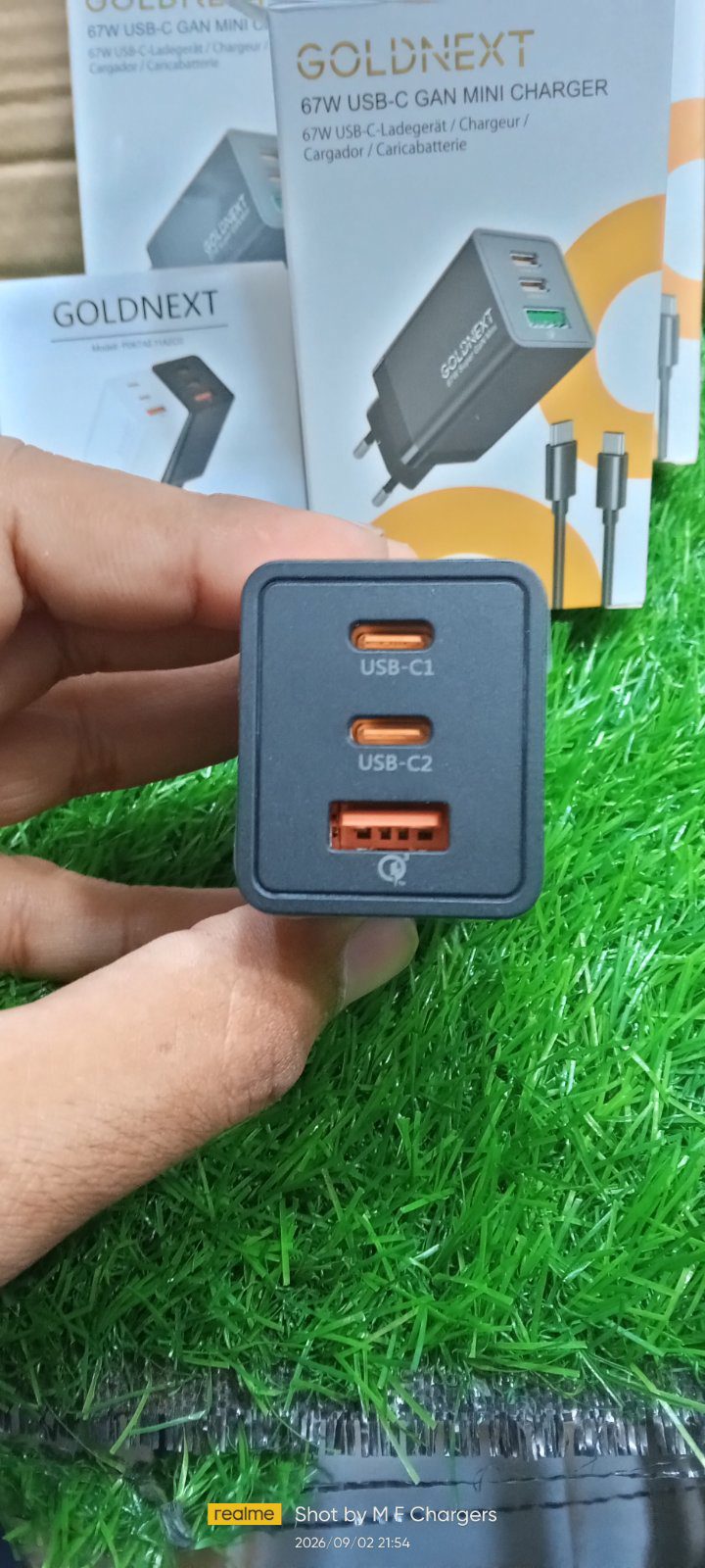 GOLDNEXT 67W charger front view showing 3 charging ports 2 Type-C and 1 USB-A - M F Chargers
