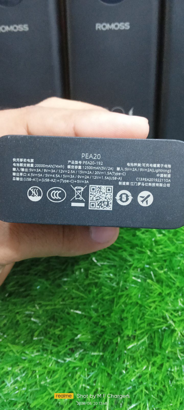 Romoss 30W Power Bank Back Specs and Certification Details - M F Chargers