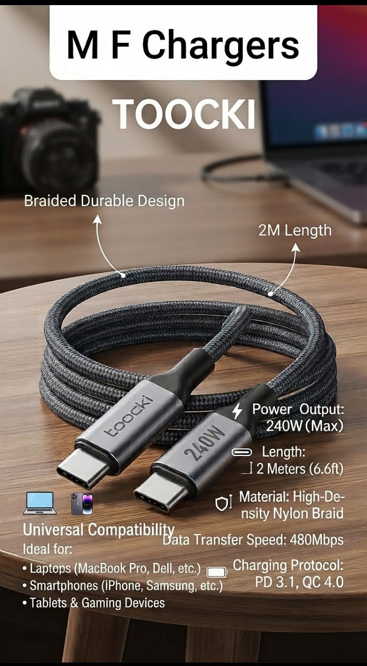 Toocki 240W Type-C to Type-C Braided Cable coiling and connector view - M F Chargers